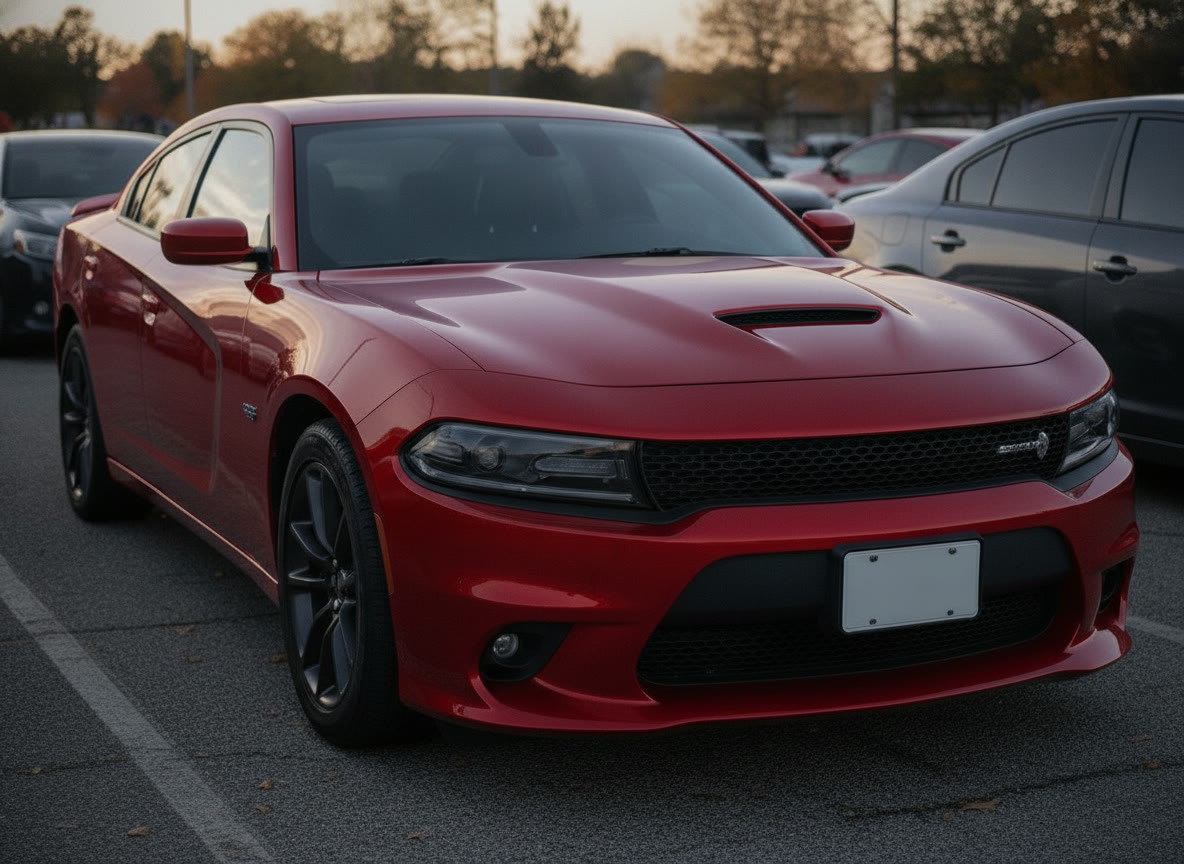 AI preview: Dodge Charger wrapped in a gloss candy apple red color change