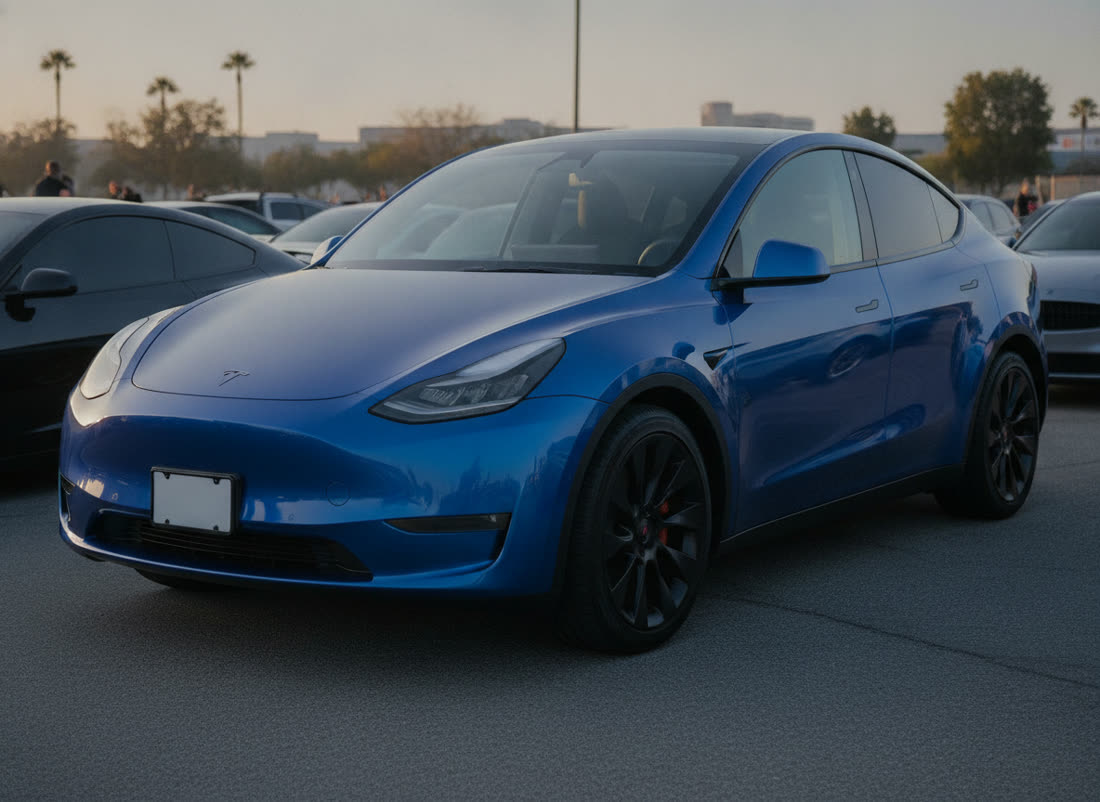 AI preview: Tesla Model Y wrapped in gloss Electric Blue
